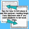 Screenshot of How to Use this Product and My Bingo Books list overlapping on bright blue background. Text across middle reads Tips for how to introduce & use this summer reading bingo. Copy this back side if you want students to list book titles.
