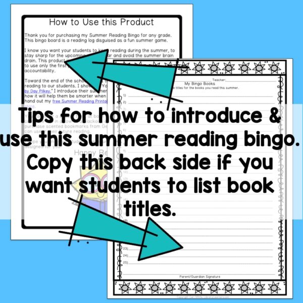 Screenshot of How to Use this Product and My Bingo Books list overlapping on bright blue background. Text across middle reads Tips for how to introduce & use this summer reading bingo. Copy this back side if you want students to list book titles.