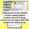 2 bingo boards are NOT editable. 1 includes reading chapters. Students will move the bingo markers onto the square after they complete the reading activity text across center. Behind are screenshots of 2 bingo boards and markers.