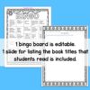 Screenshots of Bingo board and list of books overlapping on bright blue background. Center text box reads 1 bingo board is editable. 1 slide for listing the book titles that students read is included.
