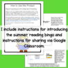 Screenshots of How to Use this Product and instruction sheet overlapping on neon green background. Center text box reads I include instructions for introducing the summer reading bingo and instructions for sharing via Google Classroom.