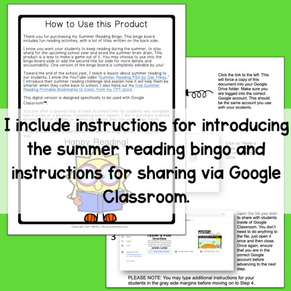 Screenshots of How to Use this Product and instruction sheet overlapping on neon green background. Center text box reads I include instructions for introducing the summer reading bingo and instructions for sharing via Google Classroom.