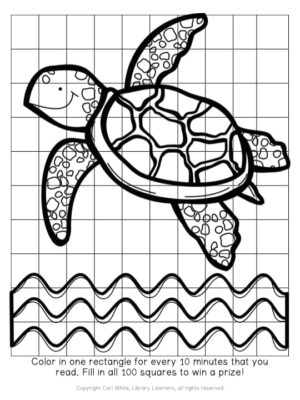 Screenshot of black and white reading log with grid lines over cartoon drawing of a turtle over waves. Text on the bottom reads color in one rectangle for every 10 minutes that you read. Fill in all 100 squares to win a prize!