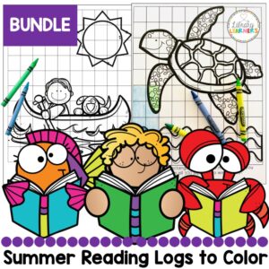 Summer Reading Logs to Color text on bottom with colorful drawings of a fish, child, and a crab reading. 2 black and white coloring pages in background showing a child in a canoe with a dog and a sunshine in one and a turtle over waves in the other.