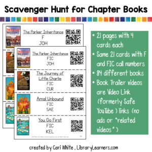 Screenshot of printable clue cards with book cover, call number and QR code. Scavenger Hunt for Chapter Books text box at top. Description of product contents in text box on right.