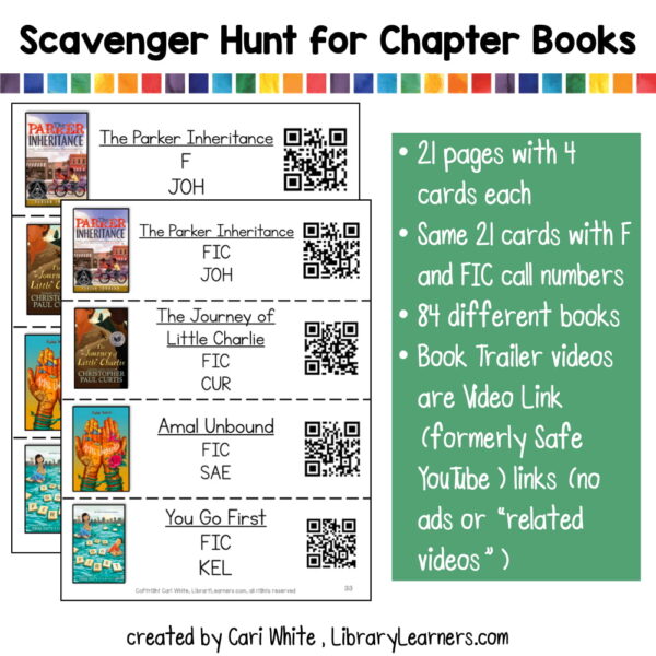 Screenshot of printable clue cards with book cover, call number and QR code. Scavenger Hunt for Chapter Books text box at top. Description of product contents in text box on right.