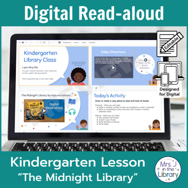 Laptop computer screen showing The Midnight Library Digital Read-aloud lesson slides with 2 banners reading Digital Read-aloud and Kindergarten Lesson The Midnight Library.