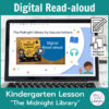 Laptop computer screen showing The Midnight Library Digital Read-aloud title slide with 2 banners reading Digital Read-aloud and Kindergarten Lesson The Midnight Library.