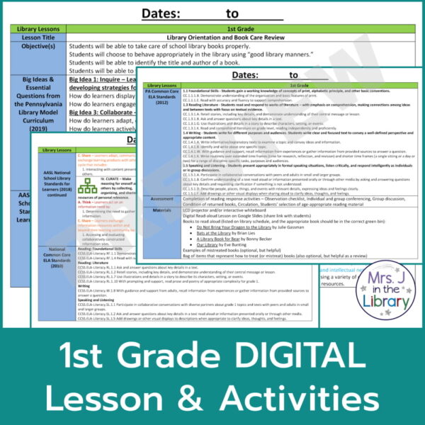 Screenshots of library orientation lesson plan with 2 banners reading Digital Read-aloud and 1st Grade DIGITAL Lesson & Activities.