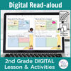 Laptop computer screen showing activity choice board slides with 2 banners reading Digital Read-aloud and 2nd Grade DIGITAL Lesson & Activities.