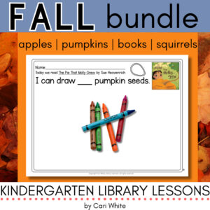 Printable pumpkin worksheet activity with 5 crayons on a background of autumn leaves and text: Fall bundle, apples, pumpkins, books, squirrels.