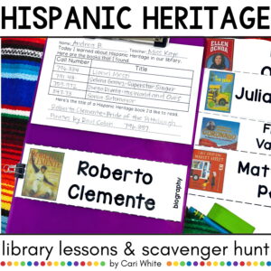 Exit ticket activity for Roberto Clemente biography and notable Hispanic authors and illustrators on a purple clipboard.