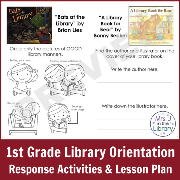 Screenshot of 1st grade library behavior and title & author activities for Bats at the Library by Brian Lies and A Library Book for Bear by Bonny Becker.