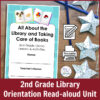2nd Grade Library Orientation Read-aloud Unit: Response Booklet cover on a wood background with metal stars, colored pencils, and icons to show this product is editable and printable.