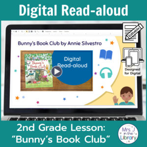 Laptop computer screen showing Bunny's Book Club Digital Read-aloud title slide with 2 banners reading Digital Read-aloud and 2nd Grade Lesson Bunny's Book Club.
