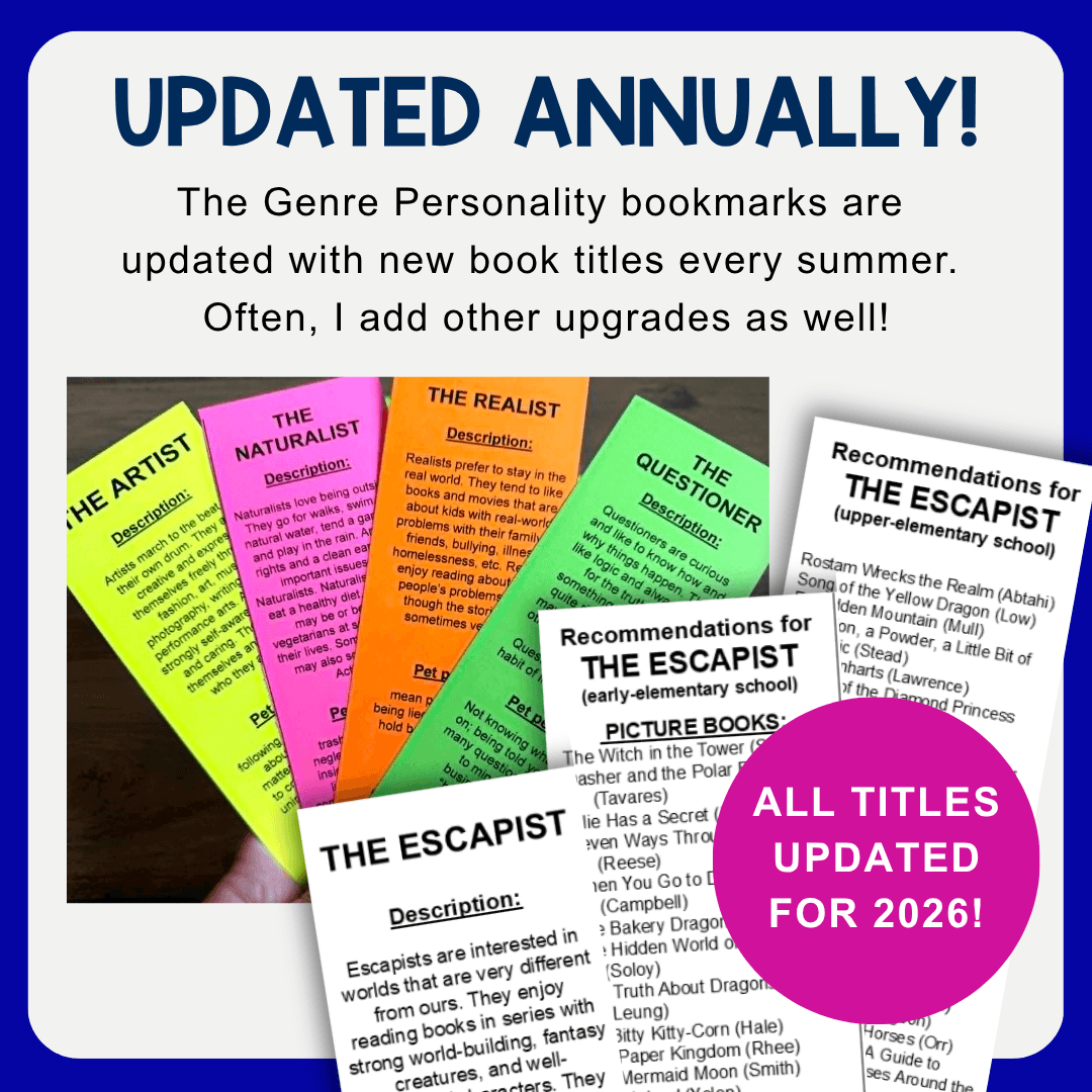 Printable bookmarks with text: Updated annually with new book titles; All titles updated for 2026.
