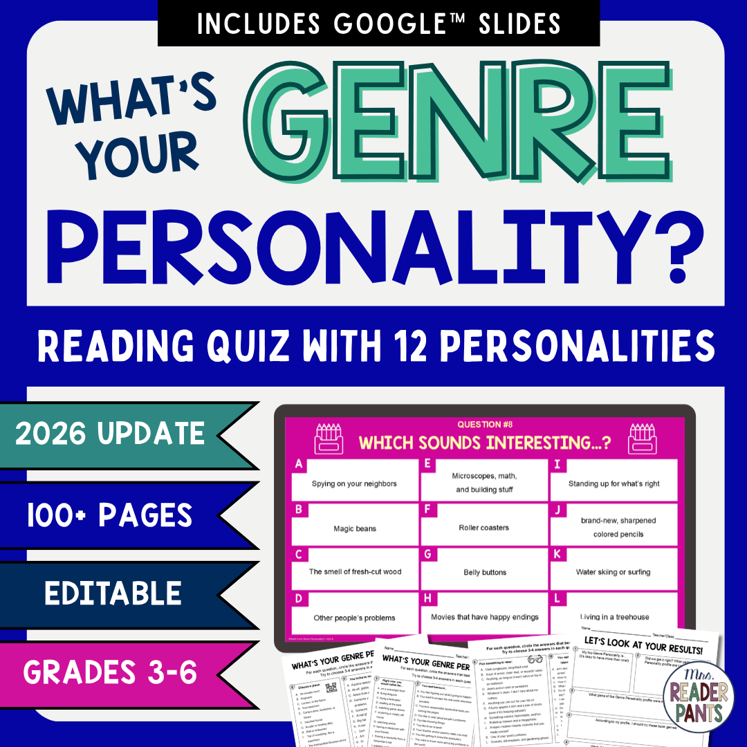 Which sounds interesting question slide with 4 printable activities with text: What's Your Genre Personality? Grades 3-6; Reading Quiz with 12 Personalities.