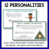 12 Personalities text box above two overlapping screenshots describing the thrill-seeker and the naturalist. Every Genre Personality includes description, pet peeves, and genre recommendations text box underneath.