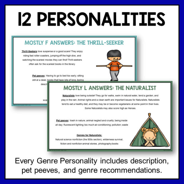 12 Personalities text box above two overlapping screenshots describing the thrill-seeker and the naturalist. Every Genre Personality includes description, pet peeves, and genre recommendations text box underneath.