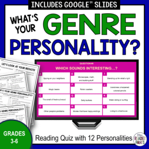 Which sounds interesting question slide with 4 printable activities with text: What's Your Genre Personality? Grades 3-6; Reading Quiz with 12 Personalities.