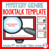 Mystery Genre Booktalk Template text above clip art magnifying glass and computer screen with screenshots of slides. Includes PowerPoint and Google Slides version text below.
