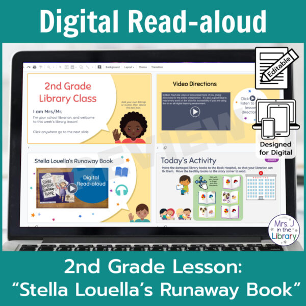 Laptop screen with title slides of 2nd Grade Digital Read-aloud Orientation Lesson including introduction, directions, Stella Louella's Runaway Book read-aloud, and today's activity.