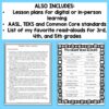Also includes lesson plans for digital or in-person learning, AASL, TEKS and Common Core standards, list of my favorite read-alouds for 3rd, 4th, and 5th grades text above screenshots of chapter book lessons plan and 4th grade read-alouds.