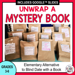 Unwrap a Mystery Book text above photo of brown bags with papers taped on them. Grades 3-6 Elementary Alternative to Blind Date with a Book text on bottom. Includes Google Slides banner on top.