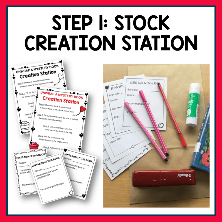 Step 1: Stock Creation Station; Photos of printable program materials and craft supplies.