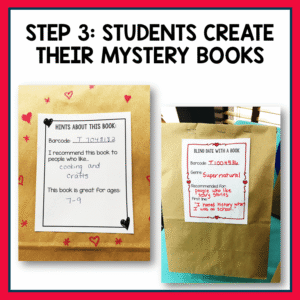 Photos of wrapped books in bags with printable tags and text: Step 3 Students create their mystery books.