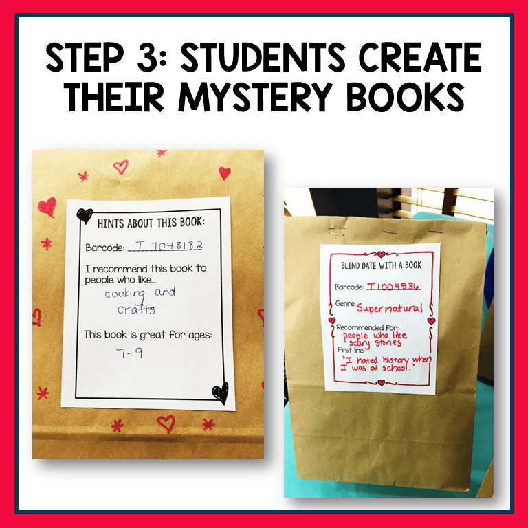 Photos of wrapped books in bags with printable tags and text: Step 3 Students create their mystery books.