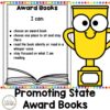 Promoting State Award Books text with screenshot of center sign and trophy clip art.