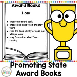 Promoting State Award Books text with screenshot of center sign and trophy clip art.