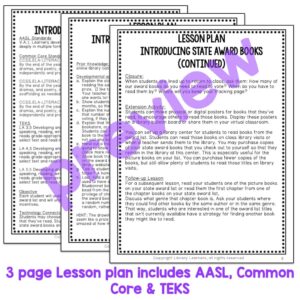 3 pages of lesson plan screenshots. Text reads 3 page lesson plan includes AASL, Common Core & TEKS.