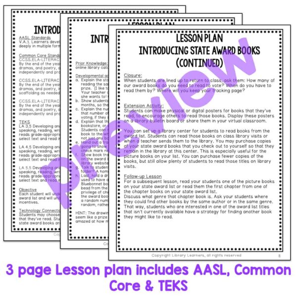 3 pages of lesson plan screenshots. Text reads 3 page lesson plan includes AASL, Common Core & TEKS.
