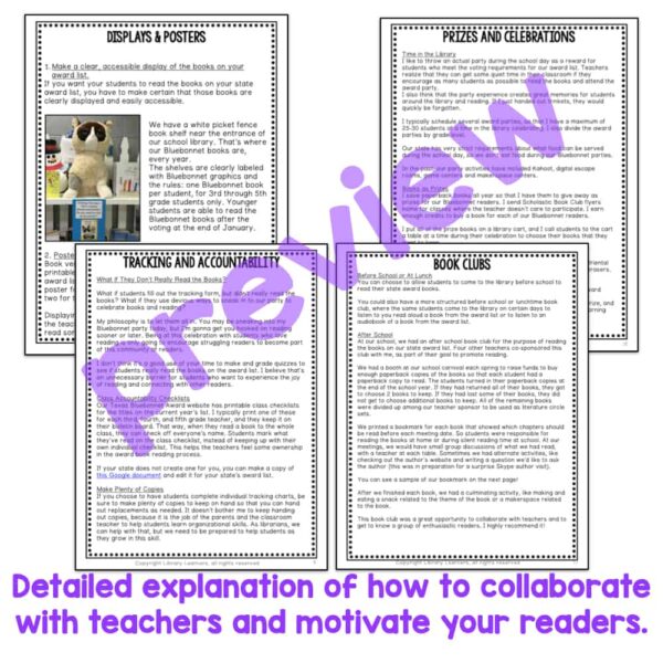 Detailed explanation of how to collaborate with teachers and motivate your readers text box with 4 screenshots from lesson.