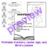 Printable trackers, center sign and library passes text with screenshots of each.