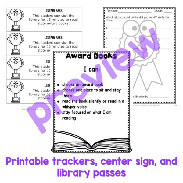 Printable trackers, center sign and library passes text with screenshots of each.