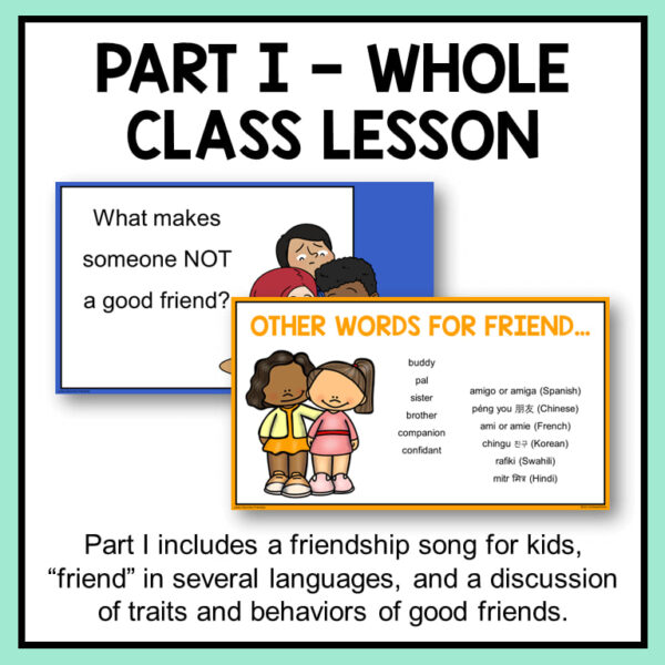 2 screenshots of friendship lesson slides below part 1 - whole class lesson text. Part 1 includes a friendship song for kids, friend in several languages, and a discussion of traits and behaviors of good friends text below.