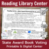 Reading Library Center text above screenshot of standards slide. State Award Book Voting Printable & Digital Center text on bottom with side icons for editable, printable and digital.