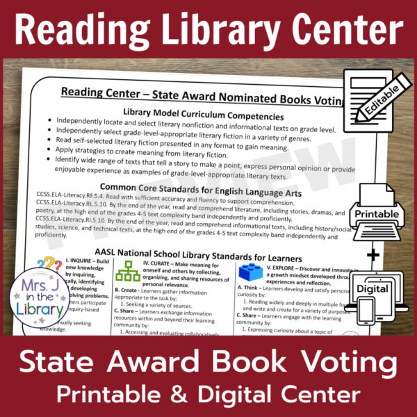 Reading Library Center text above screenshot of standards slide. State Award Book Voting Printable & Digital Center text on bottom with side icons for editable, printable and digital.