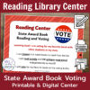 Reading Library Center text above screenshot of learning goal slide. State Award Book Voting Printable & Digital Center text on bottom with side icons for editable, printable and digital.