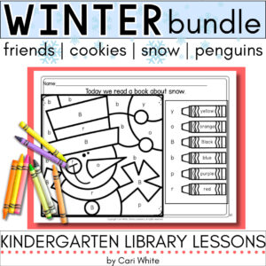 Printable snow worksheet activity with crayons and text: Winter bundle, friends, cookies, snow, penguins.