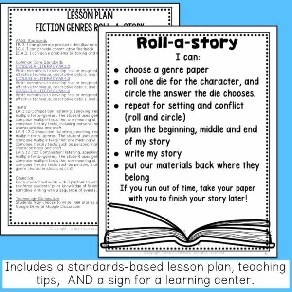 Includes a standards-based lesson plan, teaching tips, AND a sign for a learning center text. Screenshots of lesson plan standards and center sign.
