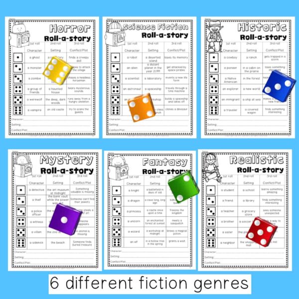 6 different fiction genres text below screenshots of printable for each.