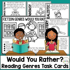 Would You Rather Reading Genres Task Cards text below 6 overlapping screenshots of cards and center sign.