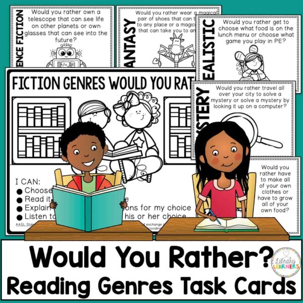 Would You Rather Reading Genres Task Cards text below 6 overlapping screenshots of cards and center sign.