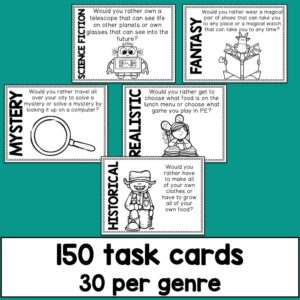 150 task cards 30 per genre text below 5 screenshots of samples.