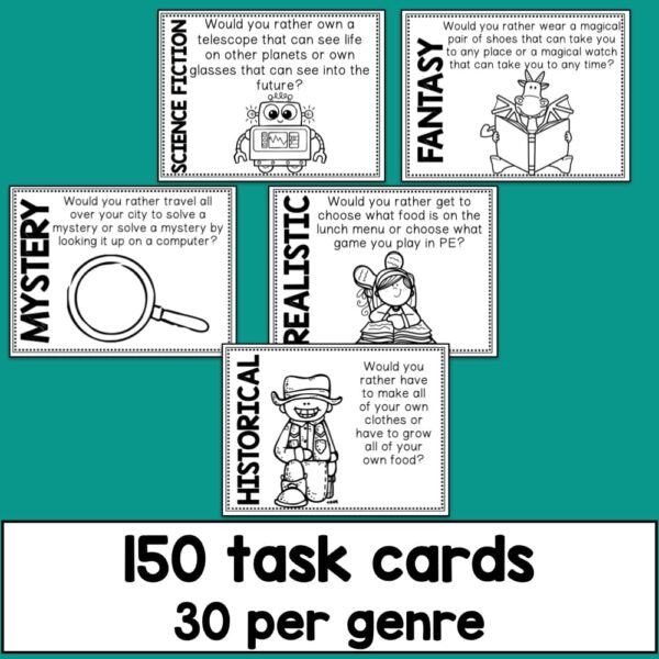 150 task cards 30 per genre text below 5 screenshots of samples.