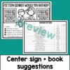 Center sign and book suggestions text below screenshots of each.